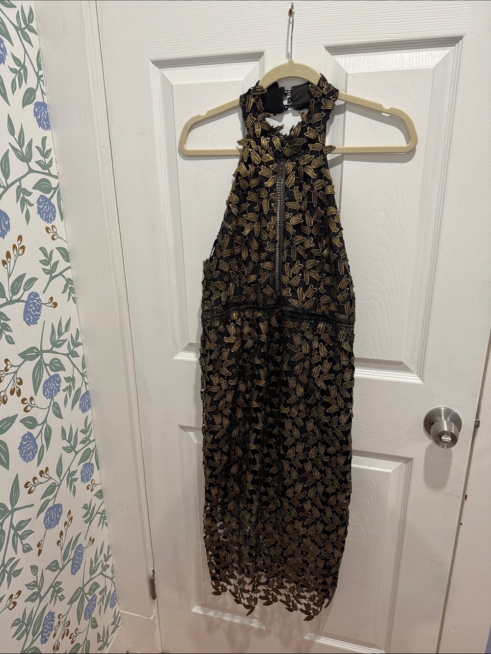 Black Halter Midi Dress with Gold Leaf Detail